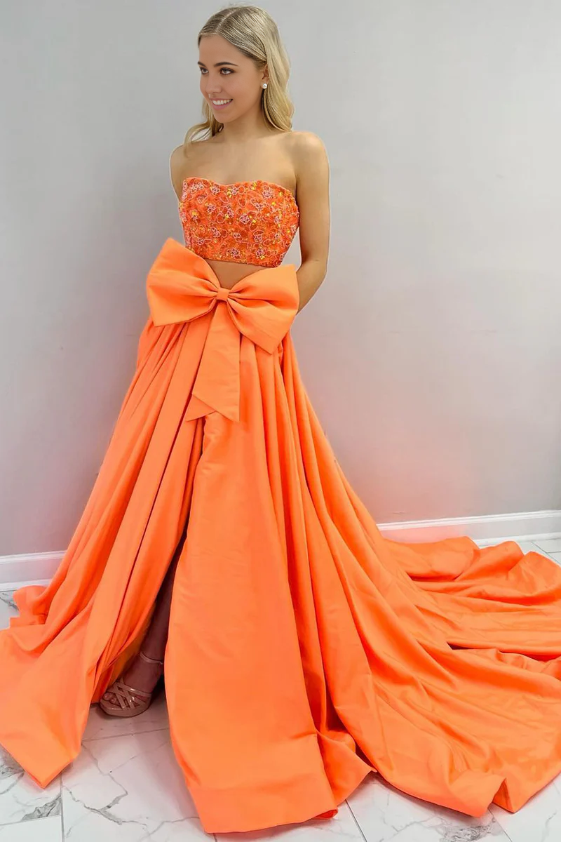 Elegant Strapless Orange Sequins Long Prom Dress Formal Evening Dresses c2601 main image 1