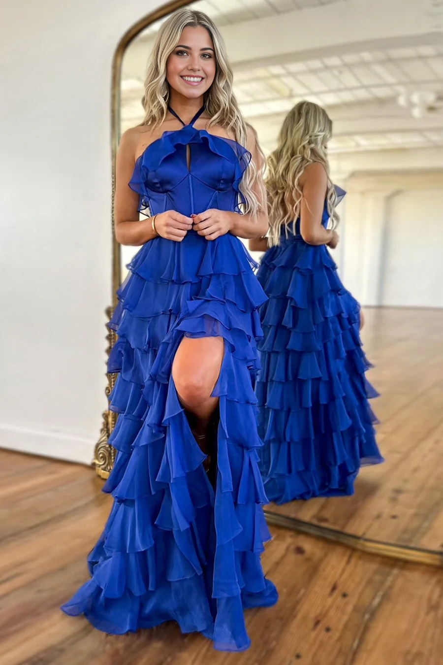 Unique A Line Strapless Satin Tiered Chiffon Long Prom Dress, Evening Dress C6271 main image 0