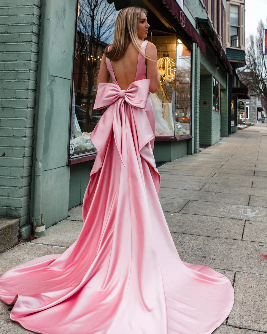 Dreamyannie Column Satin Halter Half Sleeve Pink Prom Dress Formal Dress With Bow Knot main image 1