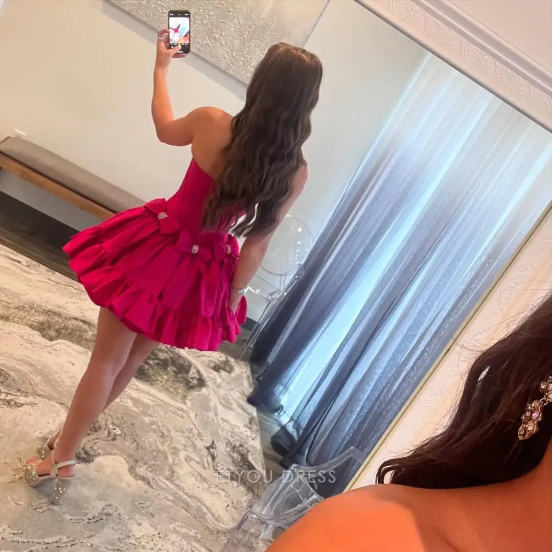 Pink Strapless Satin Waist Sexy Short Skirt Homecoming Dress R4566 main image 0
