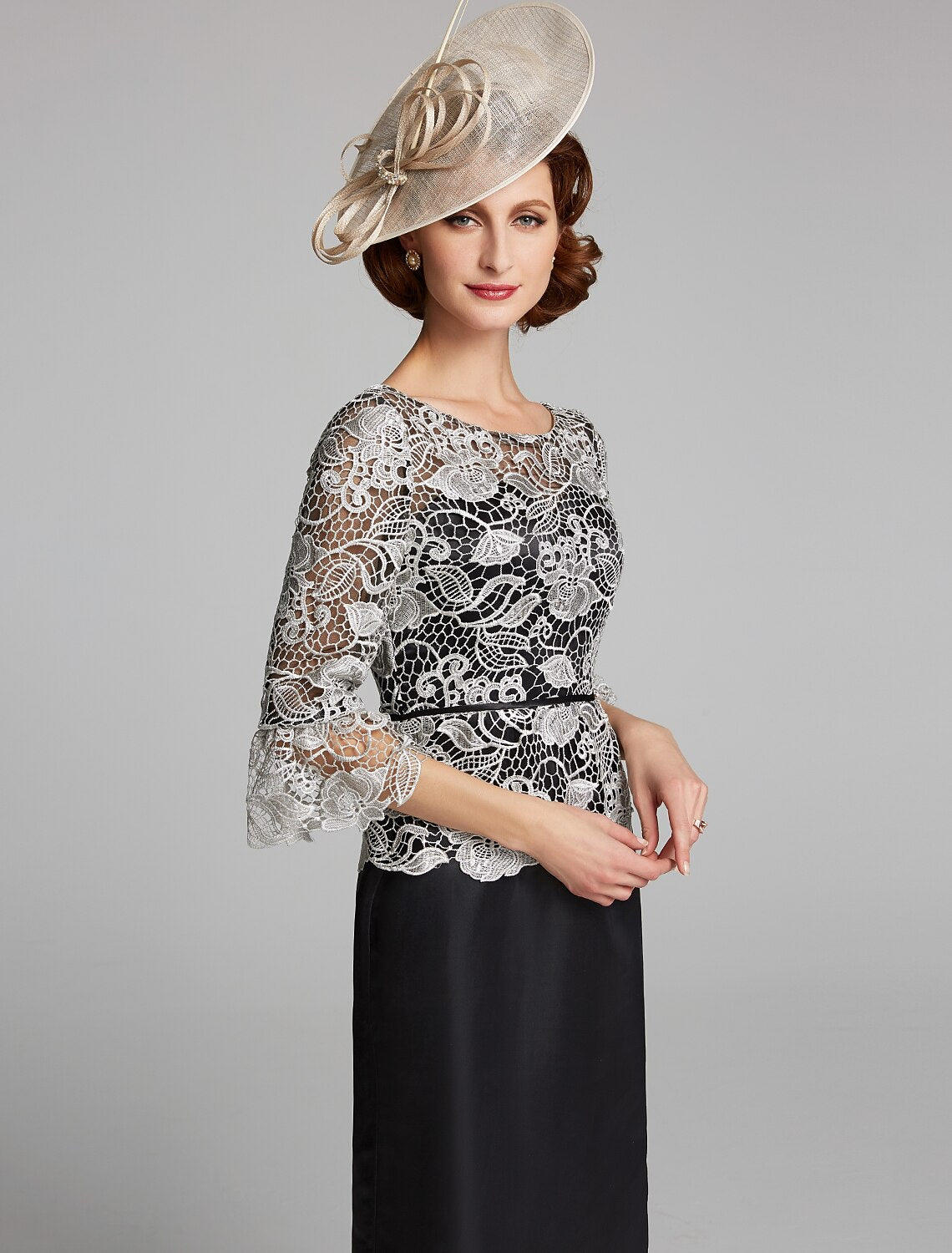 Sheath / Column Mother of the Bride Dress Wedding Guest Party Elegant Off Shoulder Floor Length Chiffon Lace Short Sleeve with Sequin main image 1