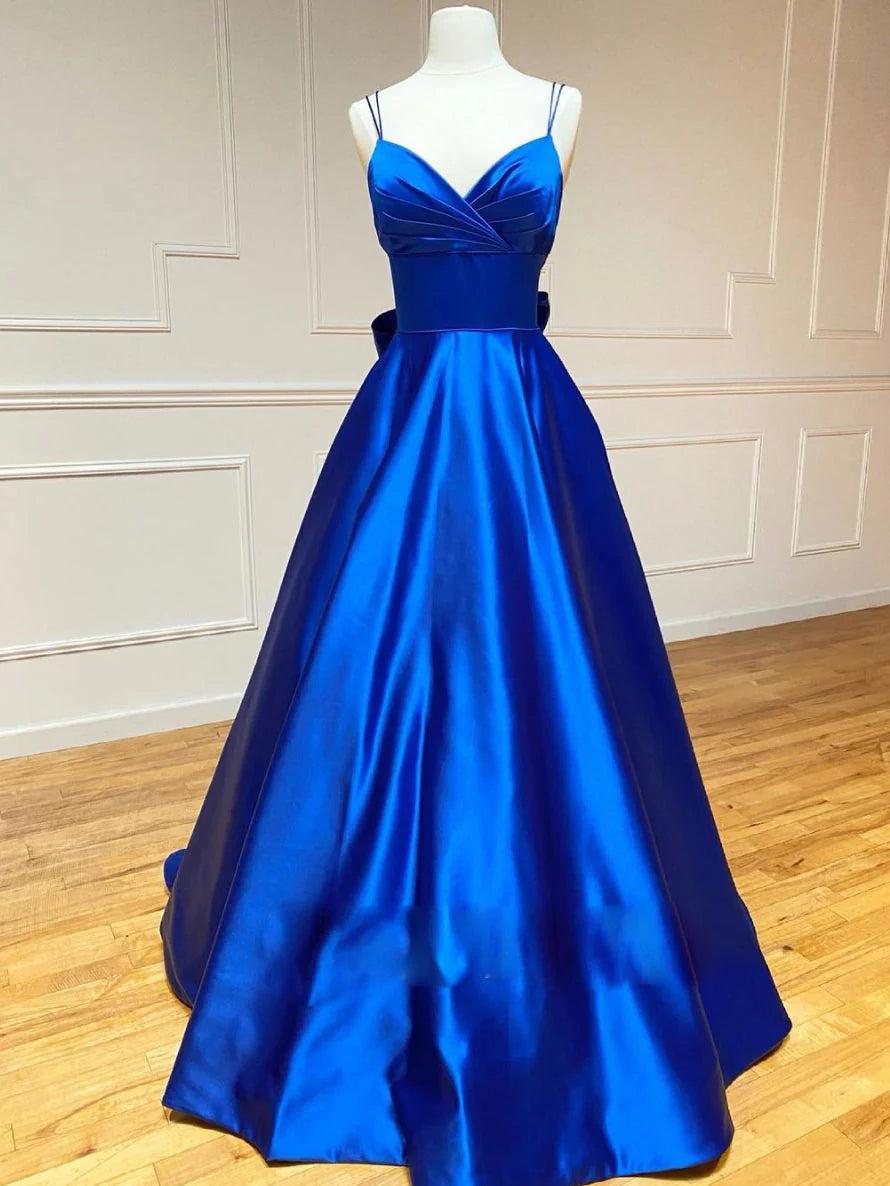 V neck satin long prom dress