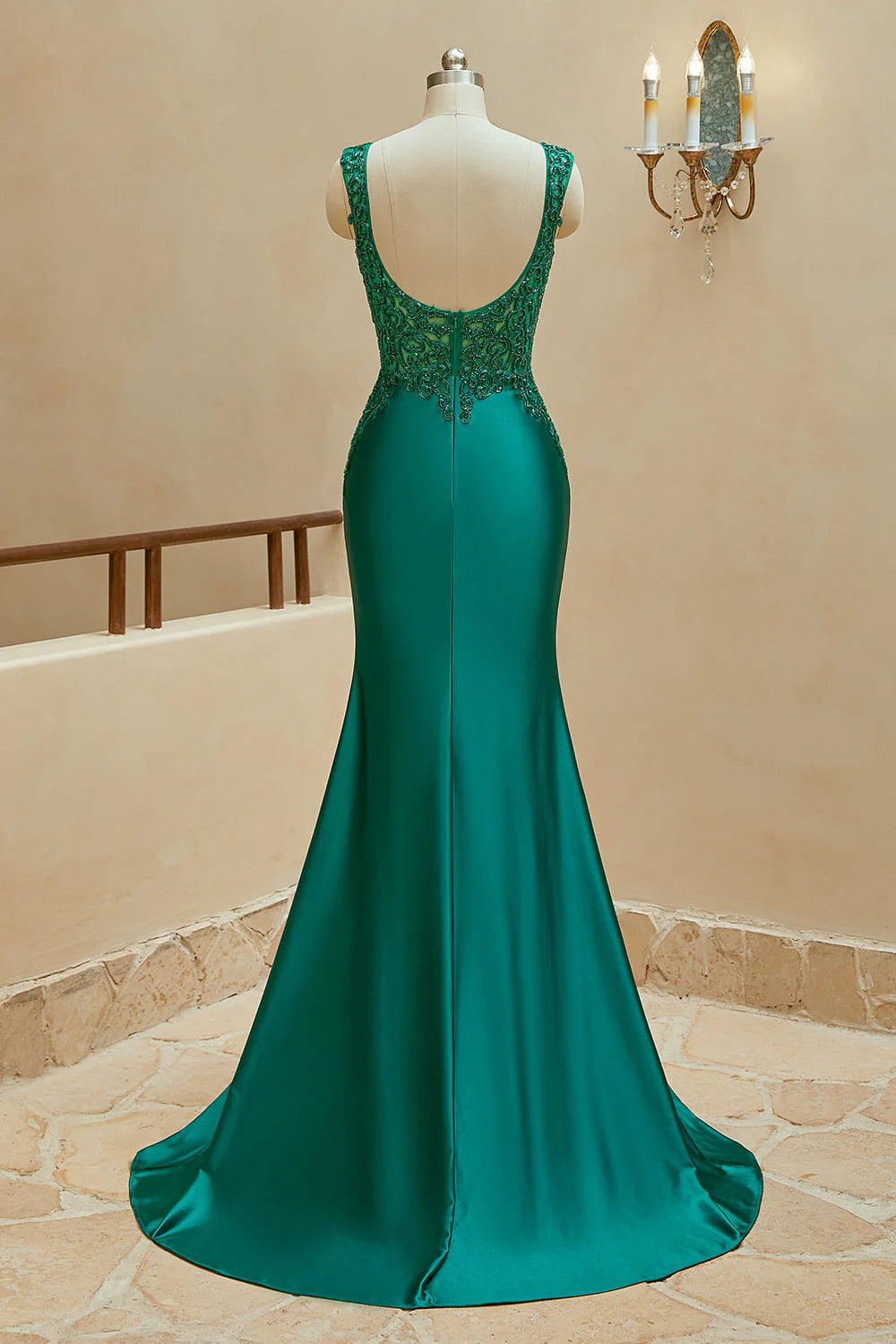 Mermaid V Neck Satin Sleeveless Prom Dresses