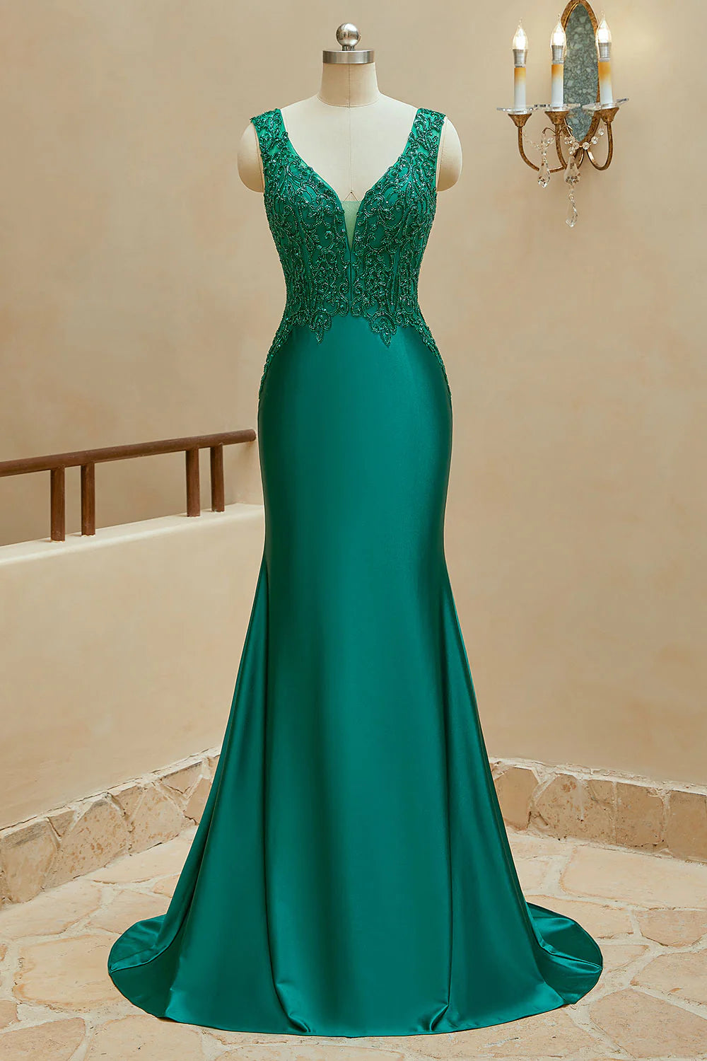 Mermaid V Neck Satin Sleeveless Prom Dresses