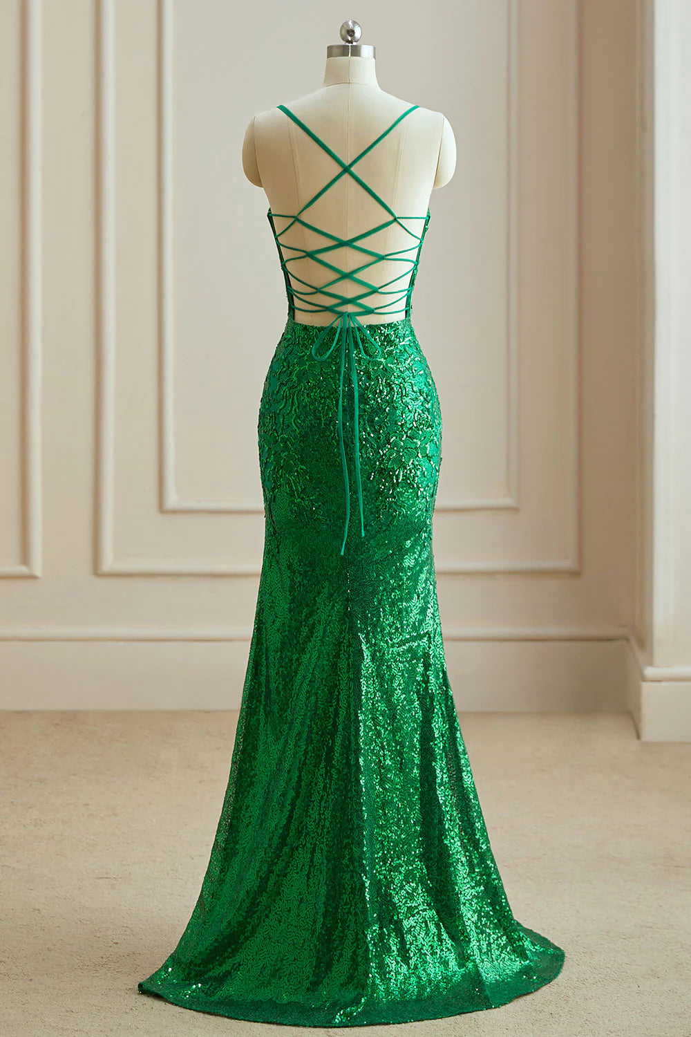 Mermaid Spaghetti Straps V Neck Sequin Slit Prom Dresses