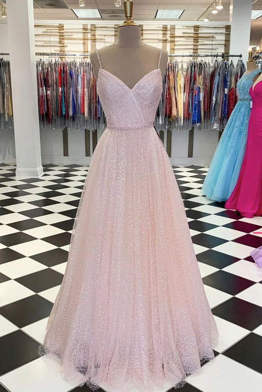 V neck tulle sequin long prom dress