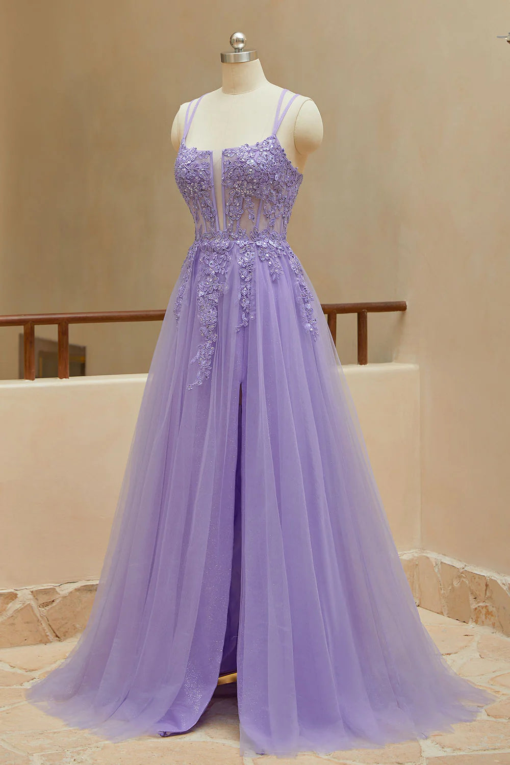 A Line Spaghetti Straps Tulle Slit Long Prom Dresses