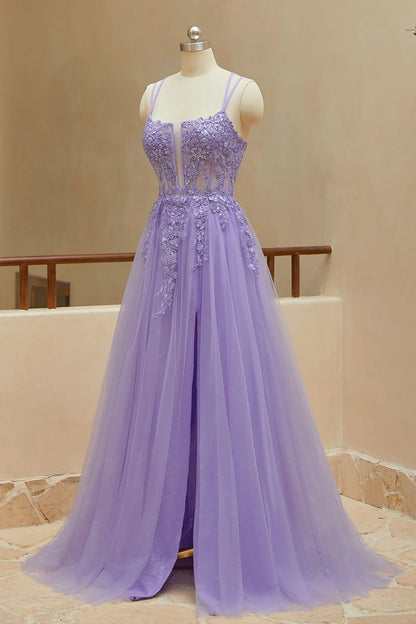 A Line Spaghetti Straps Tulle Slit Long Prom Dresses