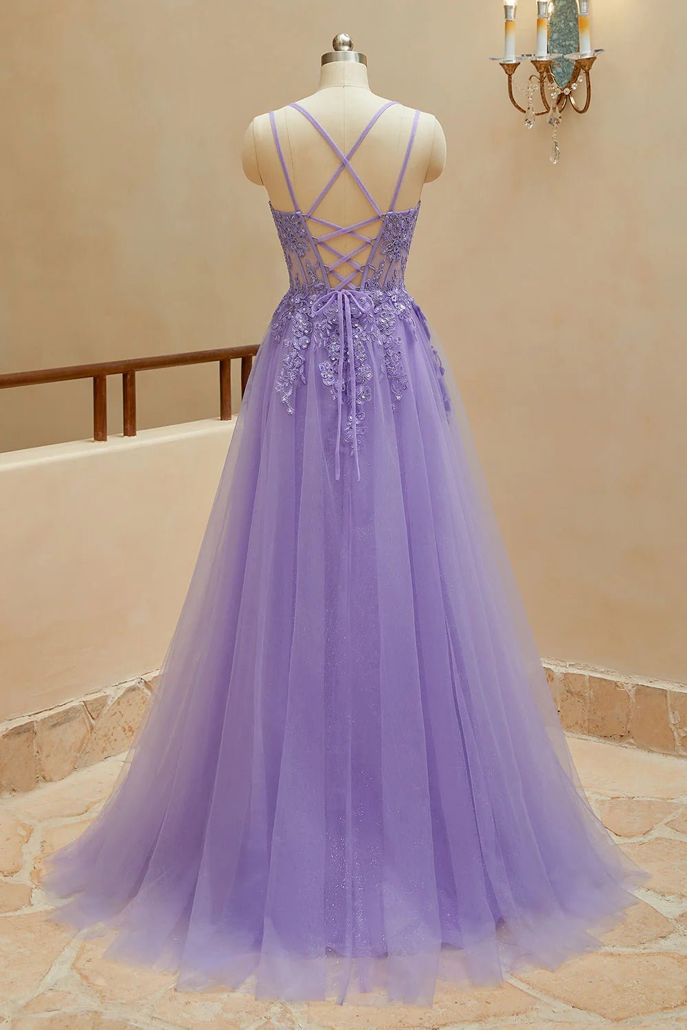 A Line Spaghetti Straps Tulle Slit Long Prom Dresses