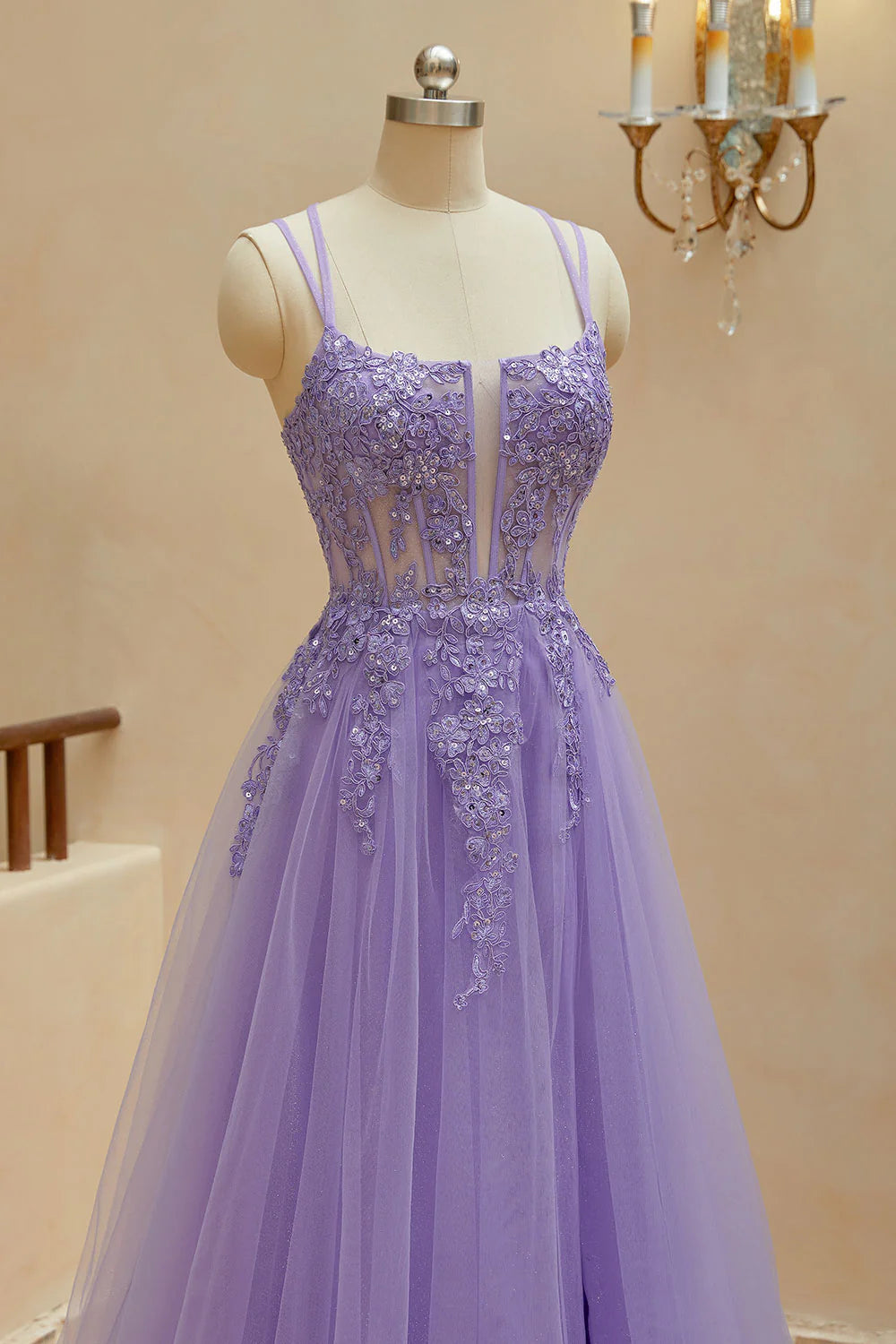 A Line Spaghetti Straps Tulle Slit Long Prom Dresses