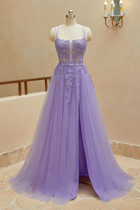 A Line Spaghetti Straps Tulle Slit Long Prom Dresses