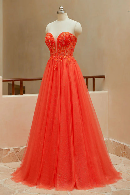 A Line Sweetheart Tulle Beaded Prom Dresses