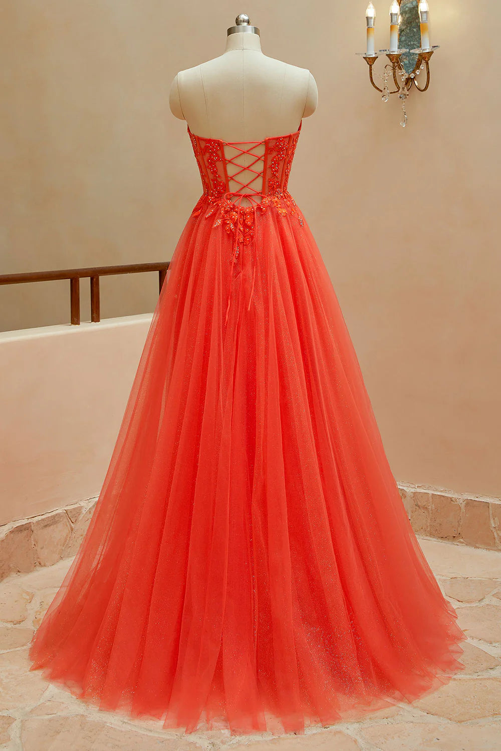 A Line Sweetheart Tulle Beaded Prom Dresses