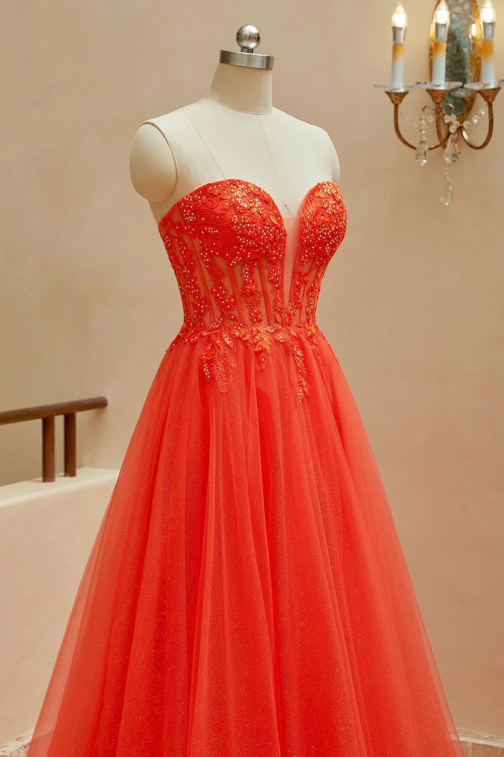 A Line Sweetheart Tulle Beaded Prom Dresses