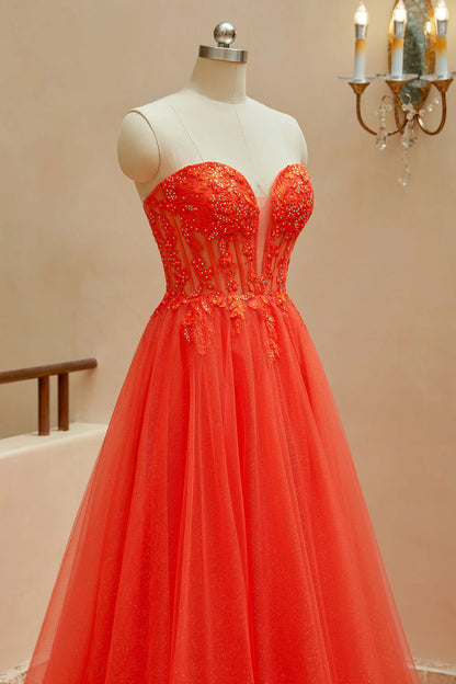 A Line Sweetheart Tulle Beaded Prom Dresses