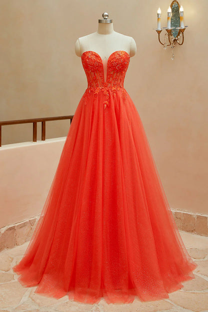 A Line Sweetheart Tulle Beaded Prom Dresses