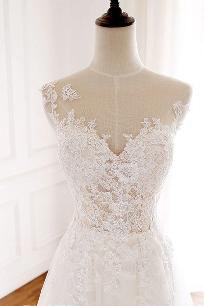 Round neck tulle lace long wedding dress