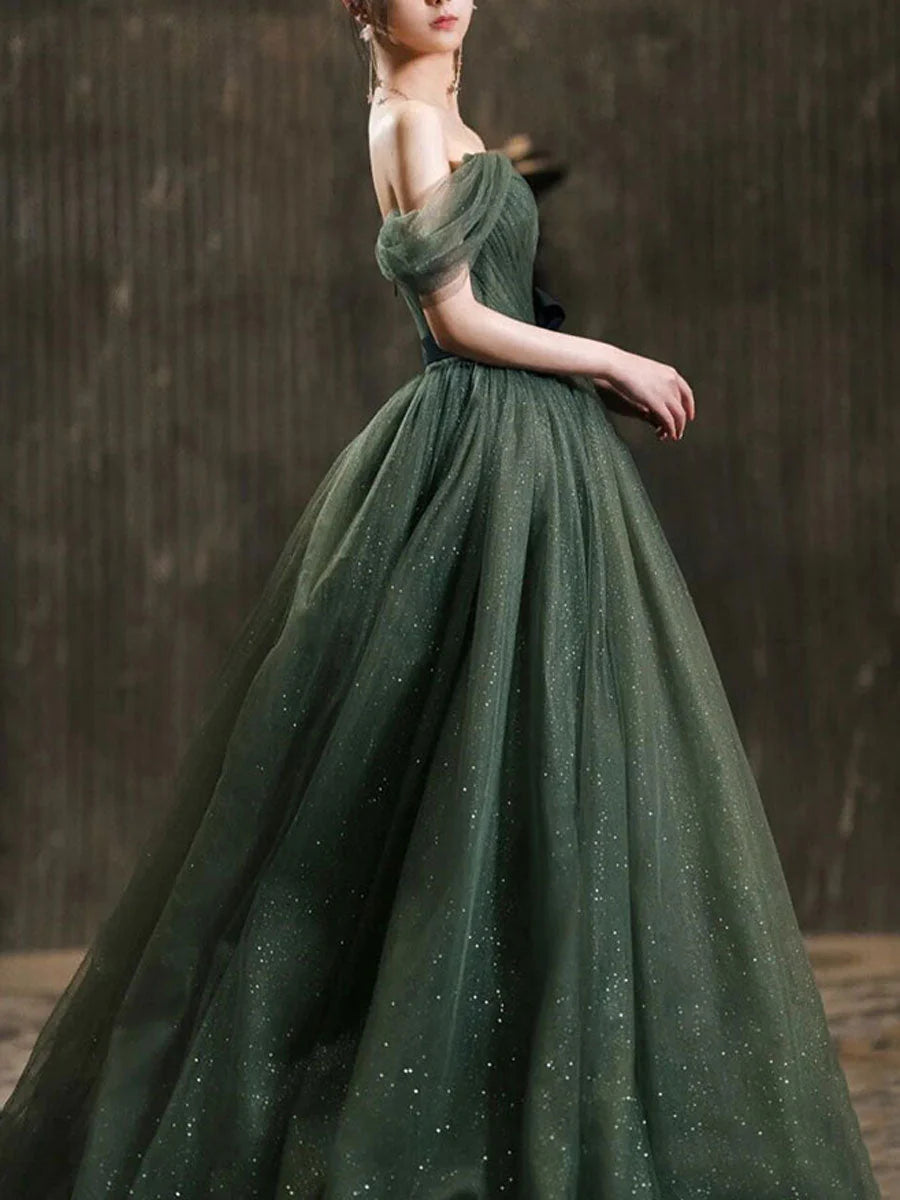 A line tulle off shoulder long prom dress