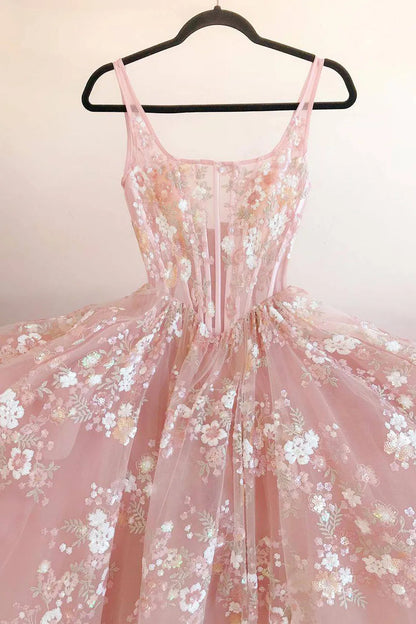 A Line Square Neck Corset Prom Dress with Embroidery