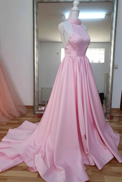 Neck satin long prom dress