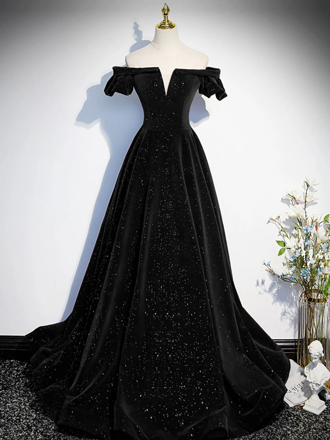 A-line Off Shoulder Velvet Long Prom Dress