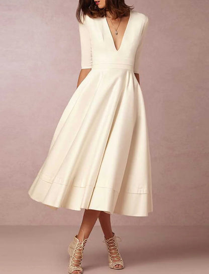 A-Line V-Neck Tea Length Wedding Dress