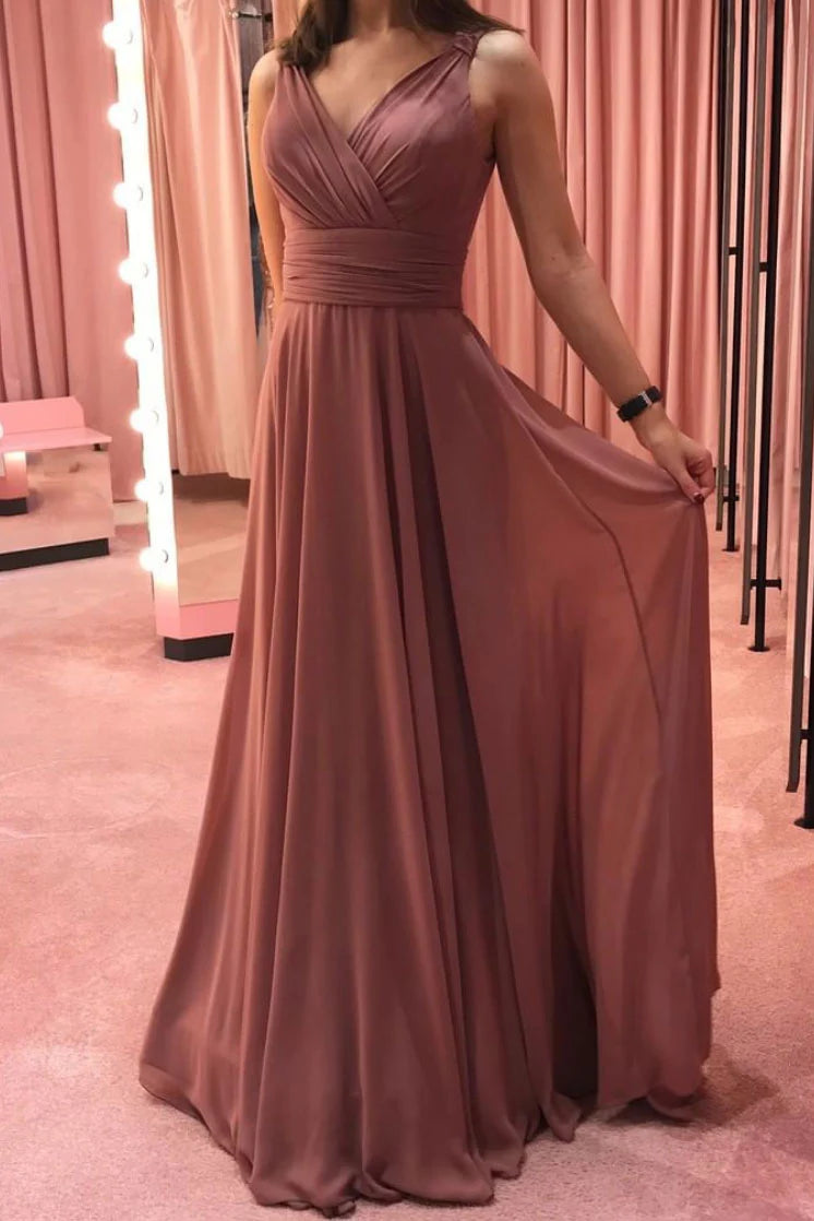 Simple v neck chiffon long prom dress