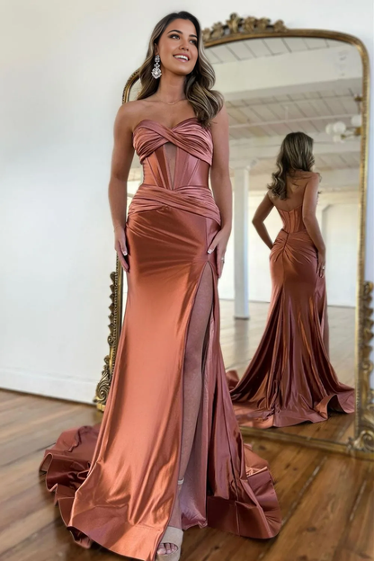 Mermaid Strapless Satin Long Prom Dress With Split