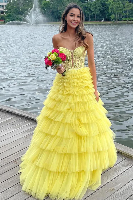 A-Line Charming Strapless Yellow Ruffle Tiered Tulle Long evening gowns Prom Dress