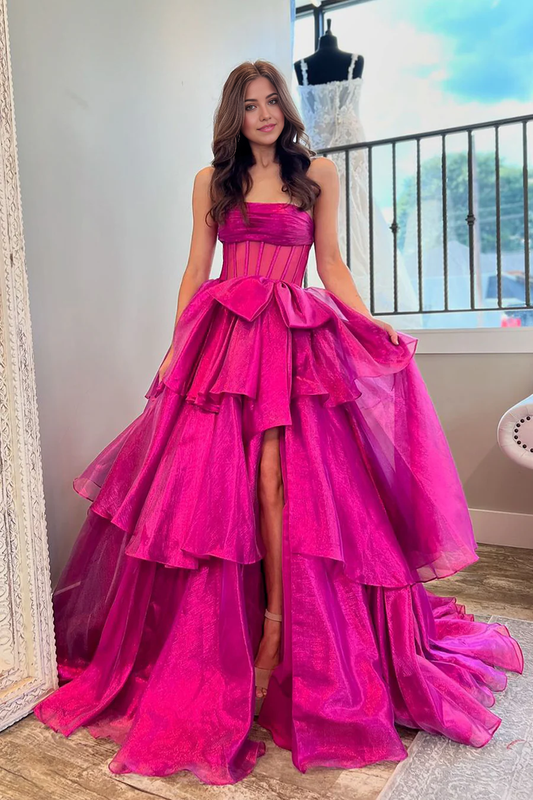 A-line Charming Ball Gown Strapless Fuchsia Organza formal dresses evening gown Prom Dresses