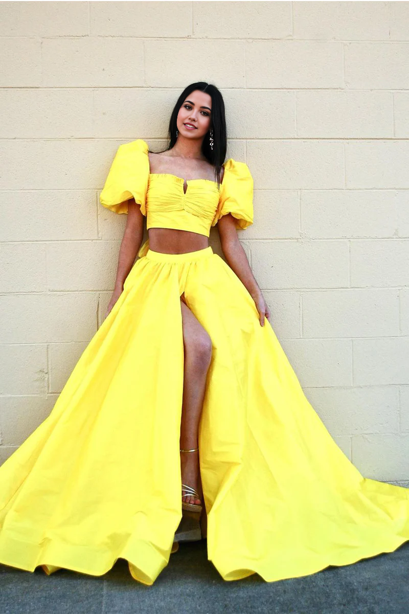 Two Piece Cute Sweetheart Yellow Satin Long evening gowns Prom Dress