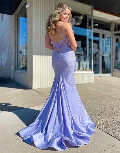 Spaghetti Straps Lavender Long Prom Dress With Butterfly Back