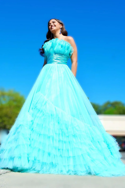 A-line Cute Strapless Blue Ruffle Tiered Tulle Long evening gowns Prom Dress