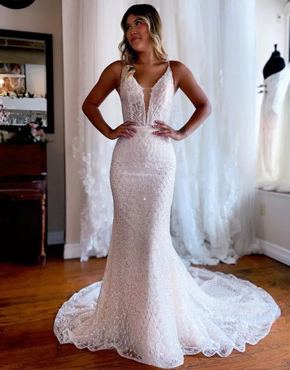 Mermaid V Neck Glitter Wedding Dress