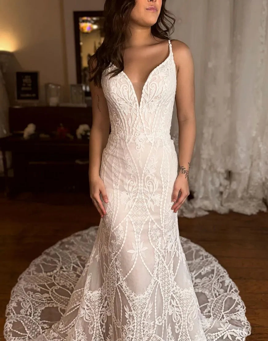 Mermaid Spaghetti V Neck Straps Court Train Lace Wedding Dress