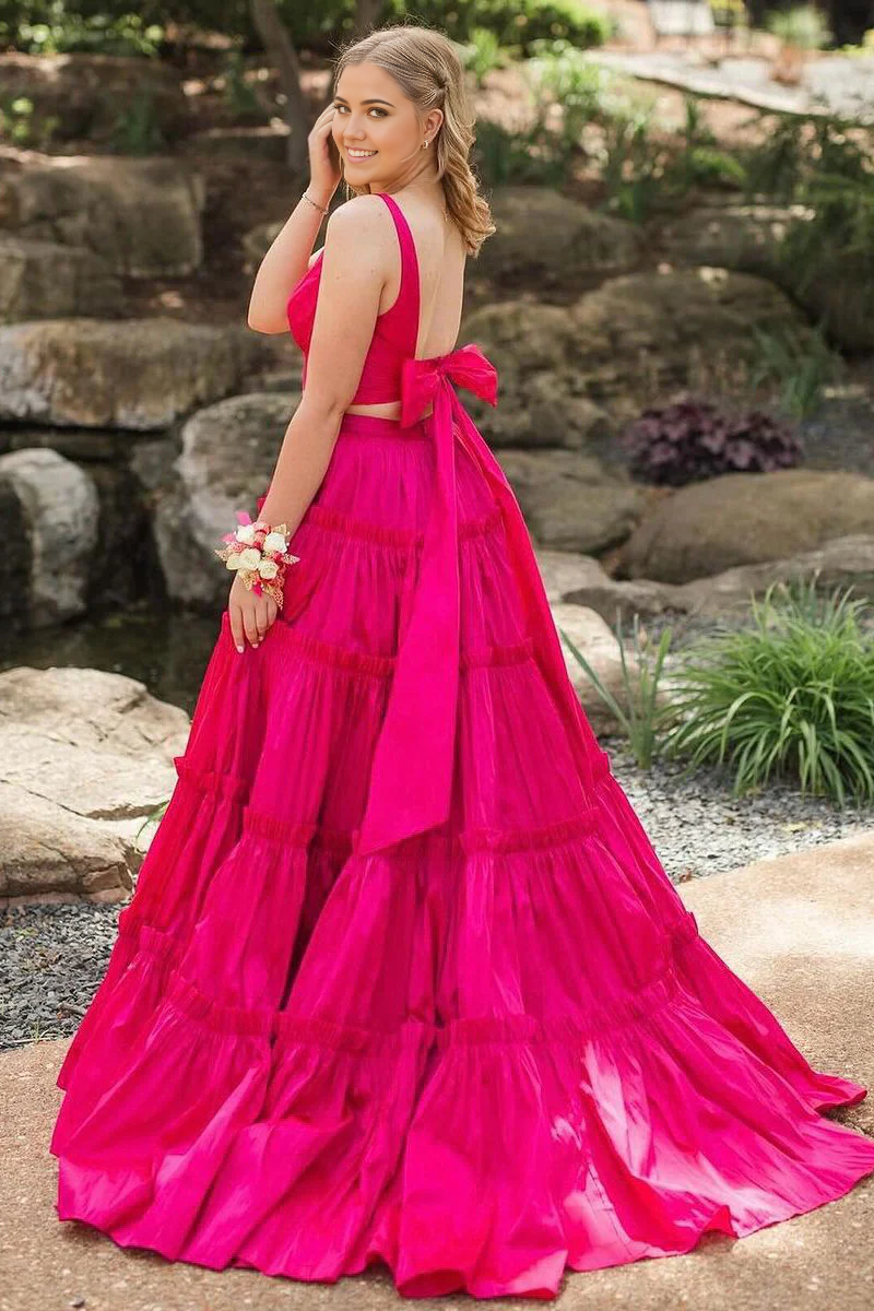 Two Piece Pretty V Neck Pink Satin evening gowns Long Prom Dress