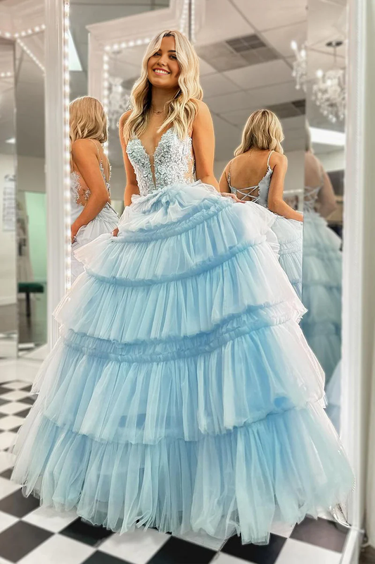 A-Line V Neck Sky Blue Ruffle Tiered Tulle evening gowns Long Prom Dress