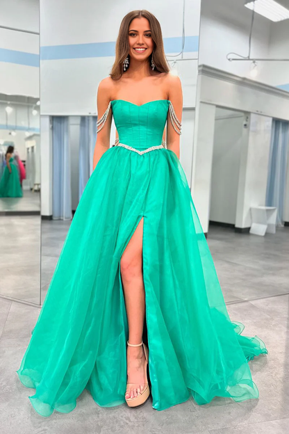 A-Line Charming Strapless Green Long evening gowns Prom Dress with Beaded Straps