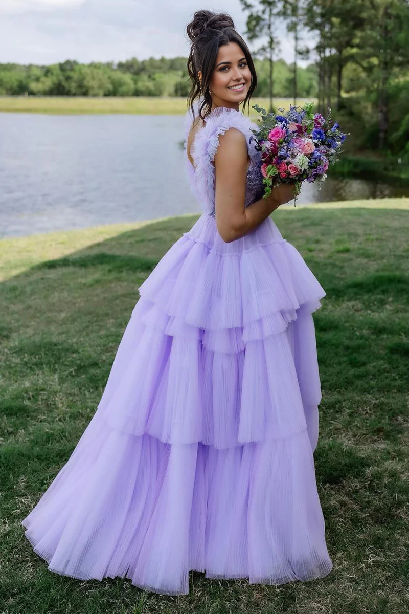 A-Line V Neck Lilac Ruffle Tiered Tulle evening gowns Long Prom Dress