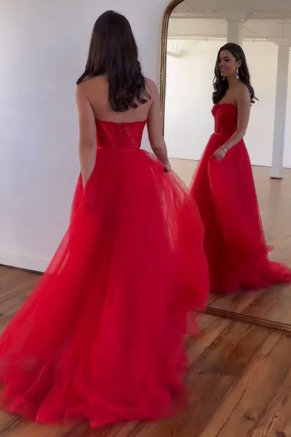 A-Line Simple Red Sweetheart Floor Length Tulle Party Prom Dress