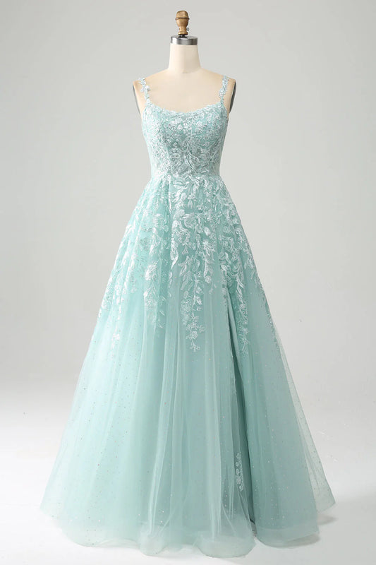 A-Line Glitter Tulle Lace Long Prom Dress