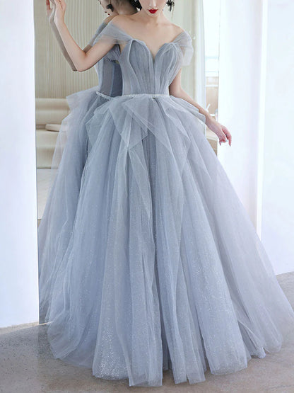 Tulle off shoulder long prom dress