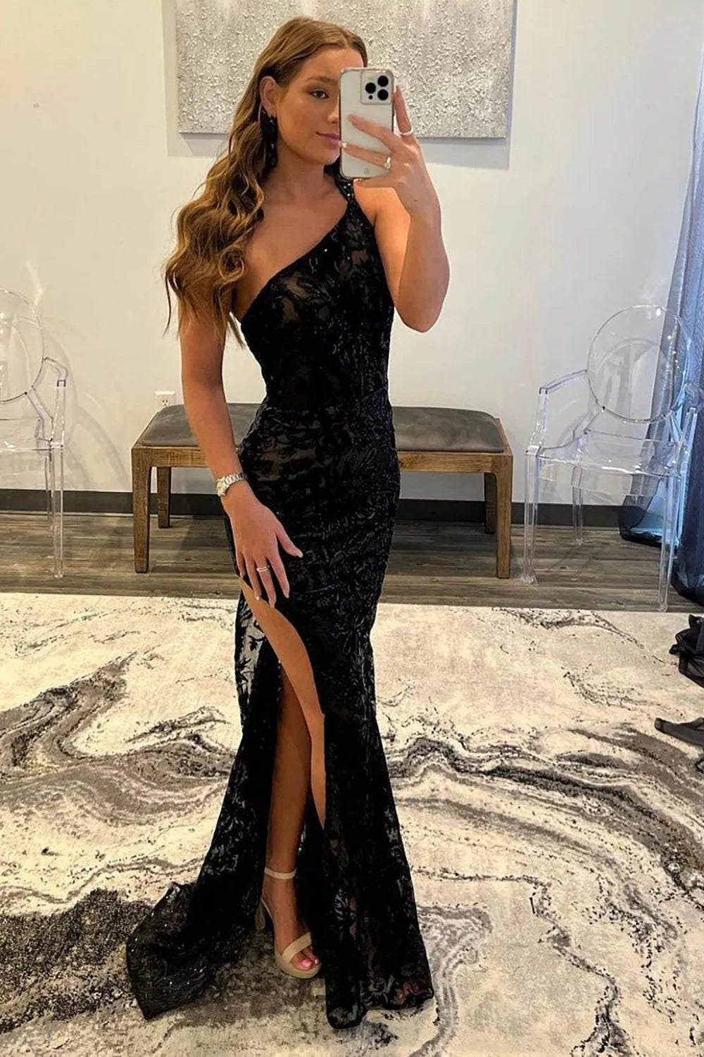 Mermaid One Shoulder Open Back Floor Length Evening Prom Dresses Party Gown With High Slit