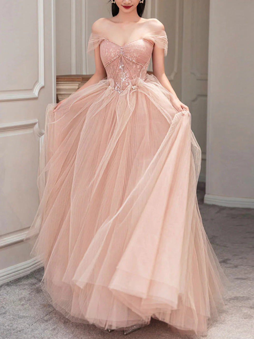 Tulle lace long prom dress