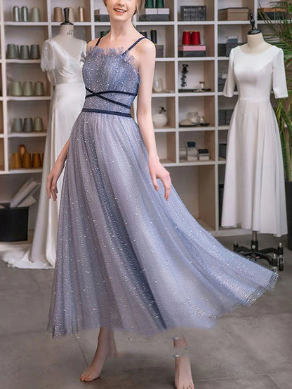 Tulle beads tea length prom dress