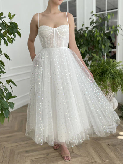 Sweetheart neck tulle tea length prom dress