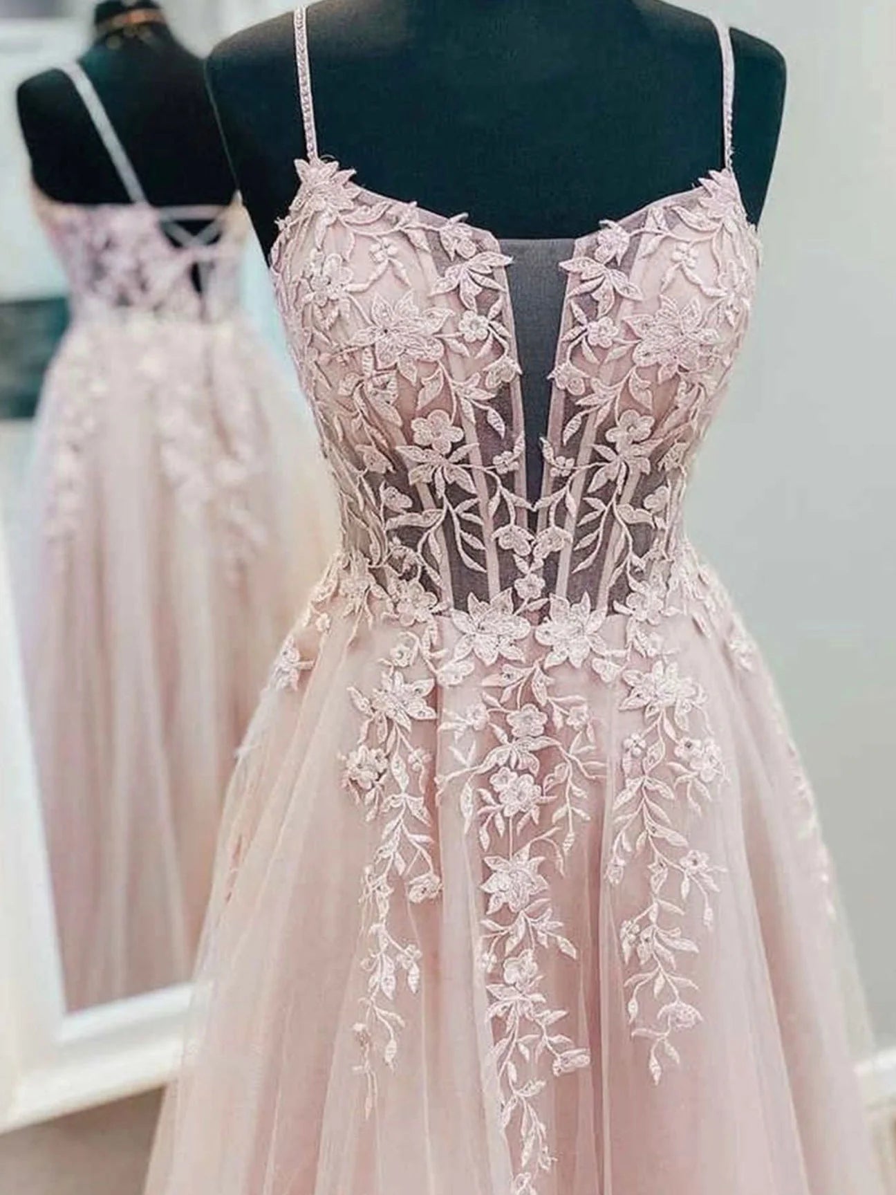 Tulle lace long prom dress