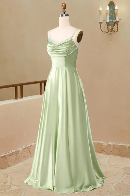 A-Line Long Simple Satin Sleeveless Prom Dresses