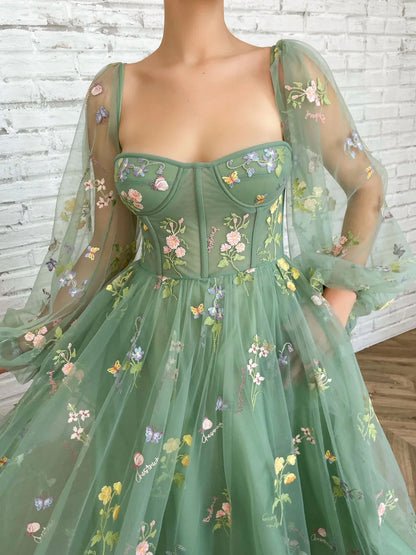 Tulle lace tea length prom dress