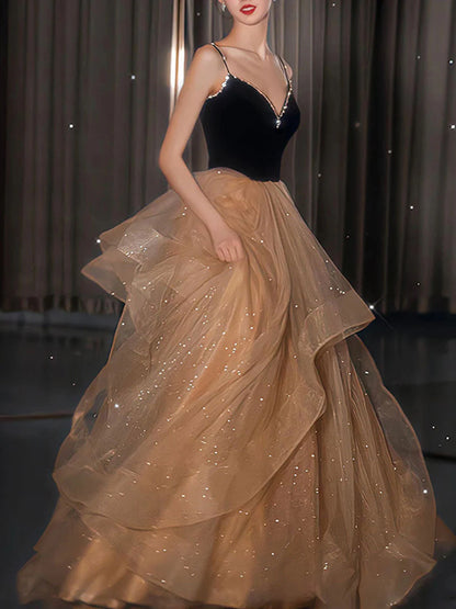 V neck tulle long prom dress